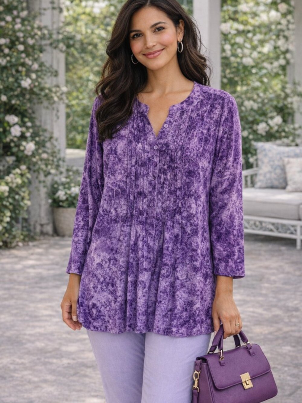 Serengeti Purple Floral Pintuck V-Neck Tunic